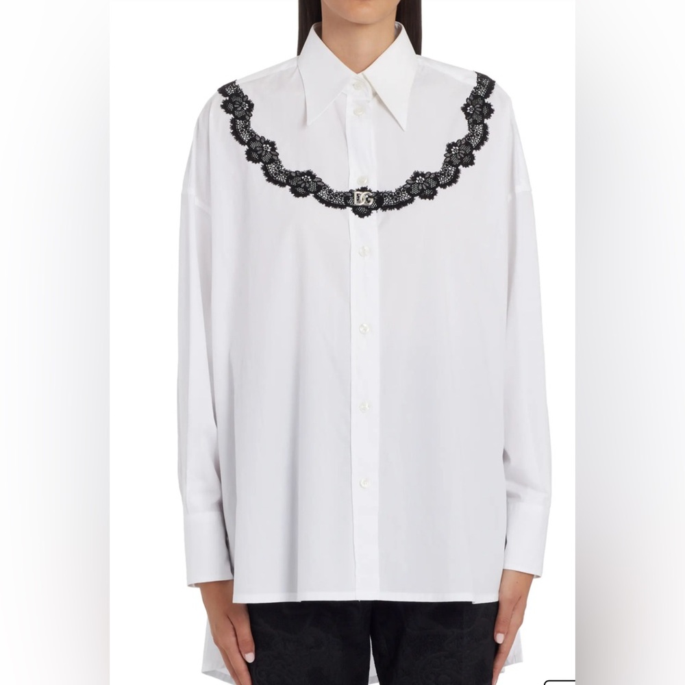 Dolce & Gabbana Womenโs White Oversize poplin shirt with black lace inserts Med